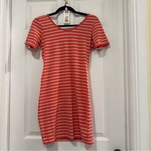 💙 Orange with White Stripes Scoop Back Bodycon Form Fitting Dress - as is